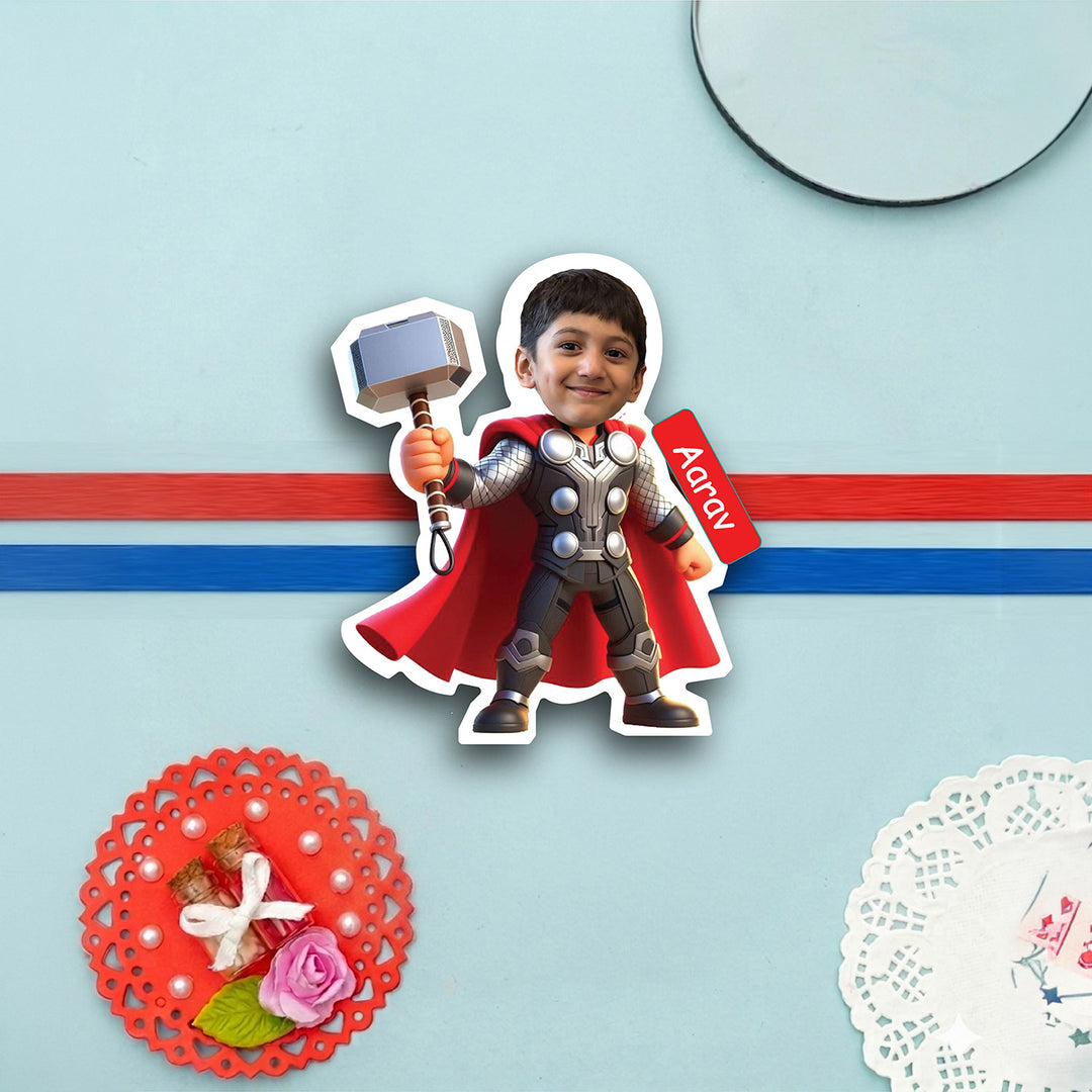 Photo Personalized Thor Caricature MDF Wood Kids Rakhi With Roli Chawal