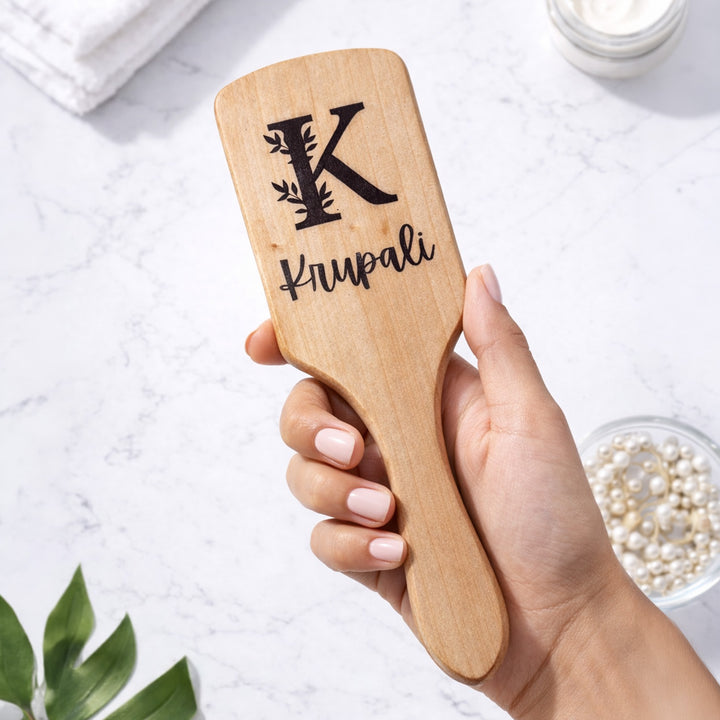 Personalized Leafy Paddle Bamboo Wooden Hair Brush