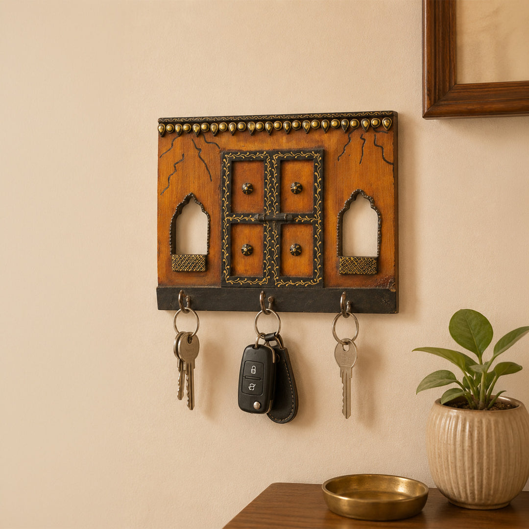 Antique Jharokha Large Handmade Paper Mache Clay Key Holder With 3 Hooks