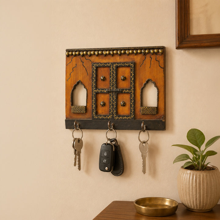 Antique Jharokha Large Handmade Paper Mache Clay Key Holder With 3 Hooks