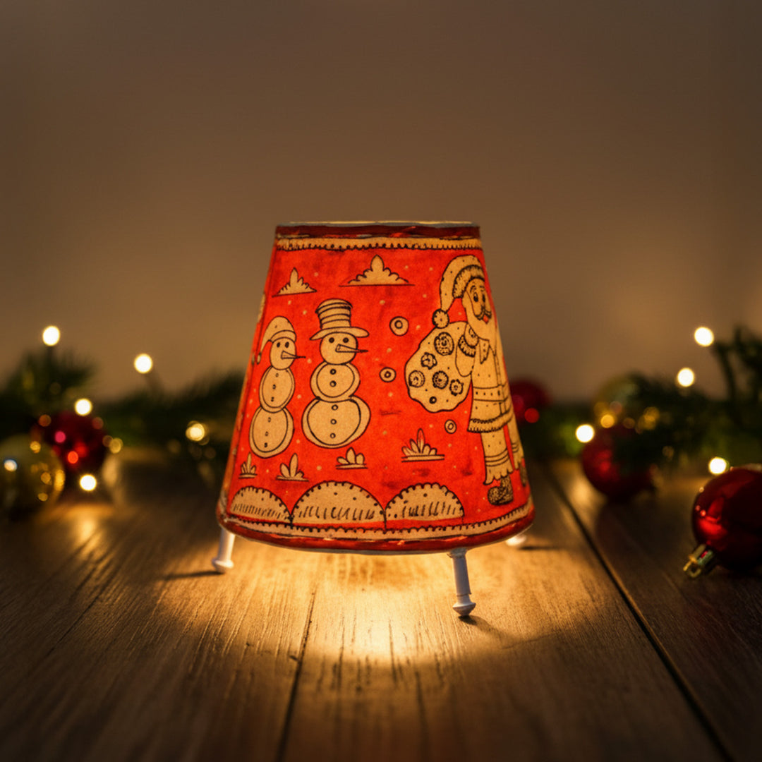 Orange Christmas Motifs Hand Painted Tholu Bommalata Tabletop Lamp | 6 inches
