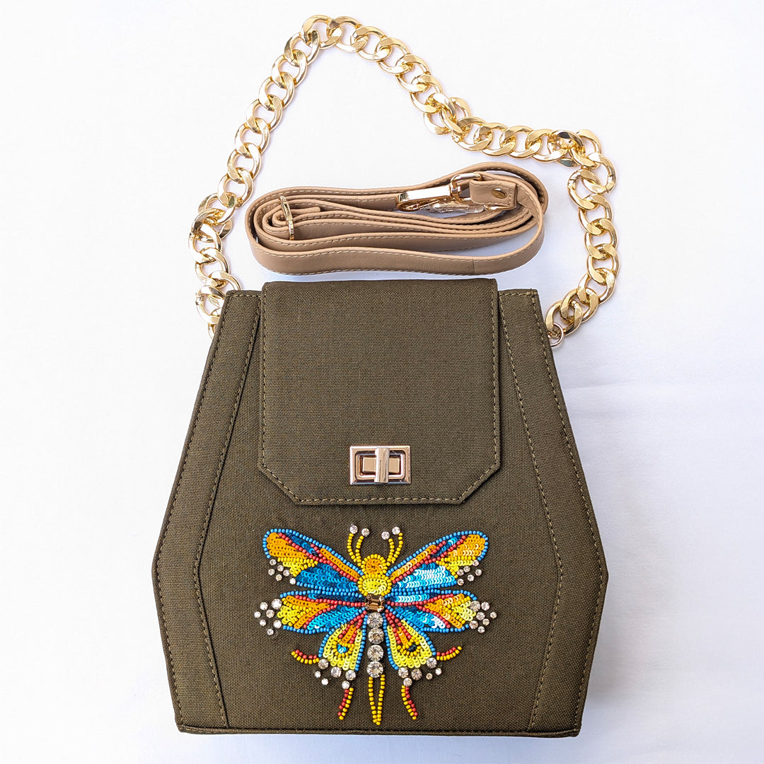 Embroidered Butterfly Motif Olive Green Sling Bag