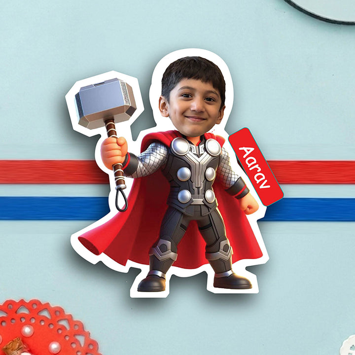 Photo Personalized Thor Caricature MDF Wood Kids Rakhi With Roli Chawal