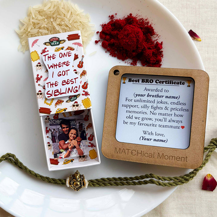 Personalized Photo "Friends" Theme Rakhi Gift for Brother | Rakhi, Matchbox Card & Photo Magnet Combo