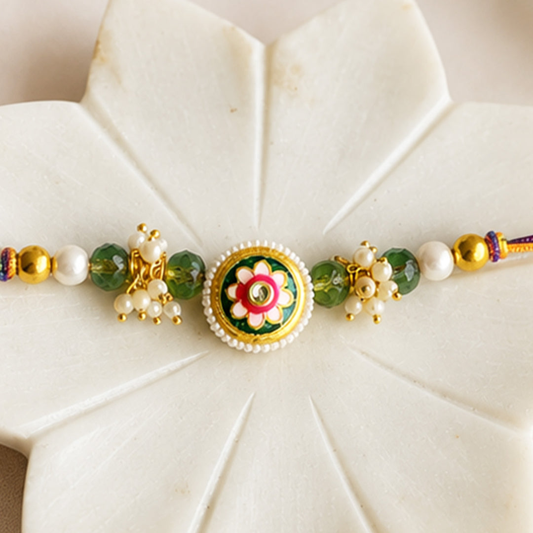 Hand-Knotted Green Meenakari Beaded Rakhi For Brother