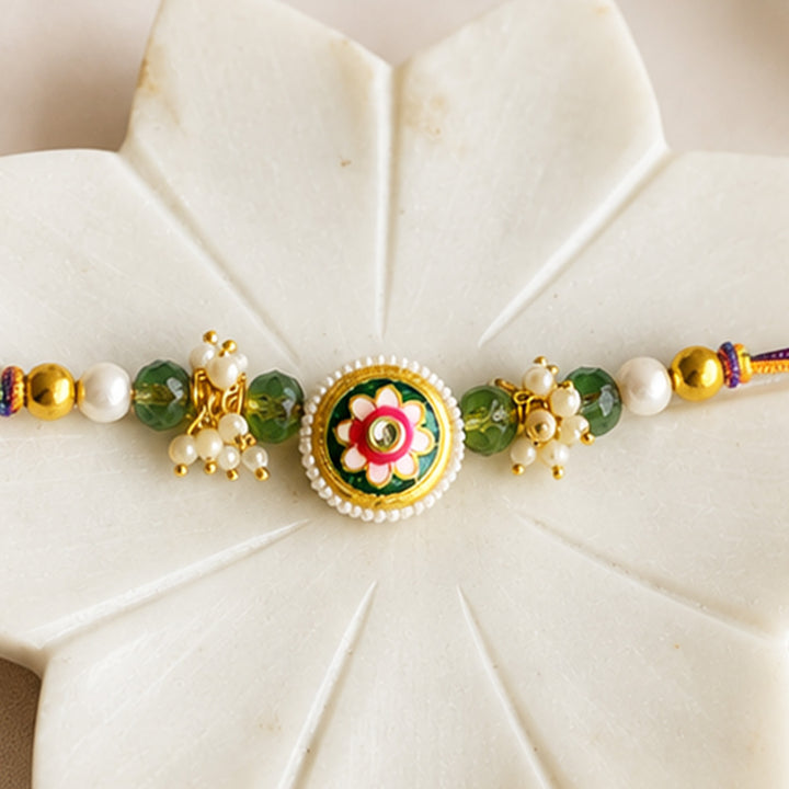 Hand-Knotted Green Meenakari Beaded Rakhi For Brother