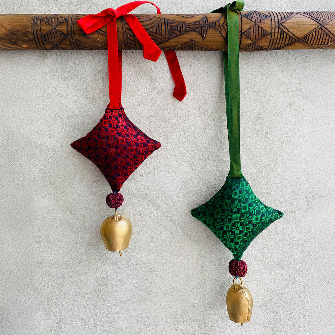 Handmade Red & Green Kite Shaped Rudraksh Khunn Fabric Cotton Hangings | Set Of 2