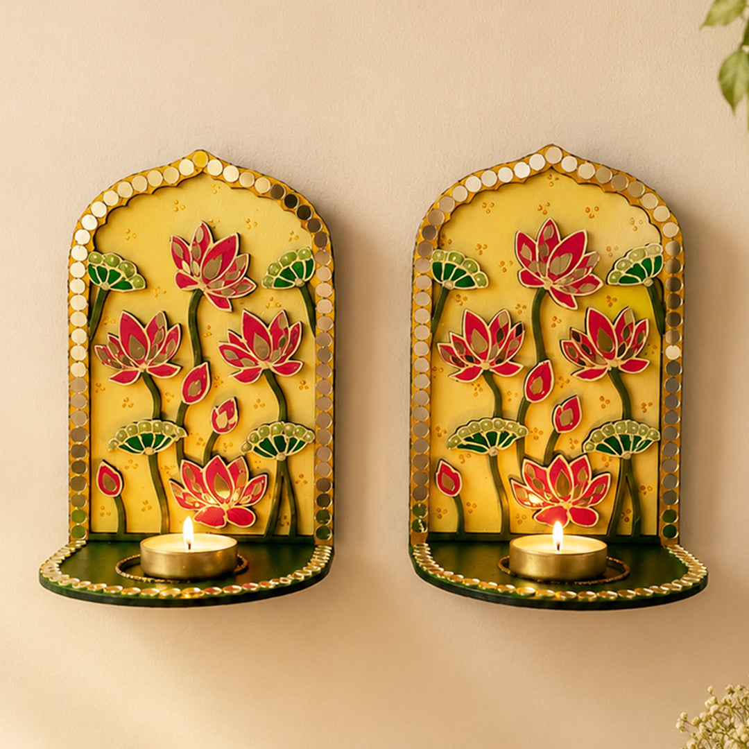 Set of 2 | Lotus MDF Jharokha Wall Hanging Tealight Holders For Festive Decor