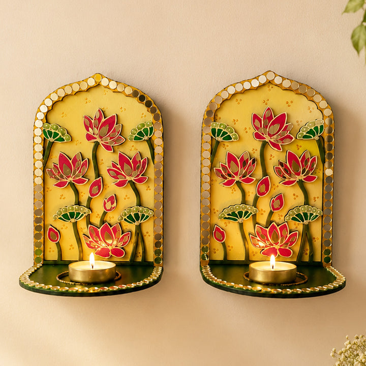 Set of 2 | Lotus MDF Jharokha Wall Hanging Tealight Holders For Festive Decor