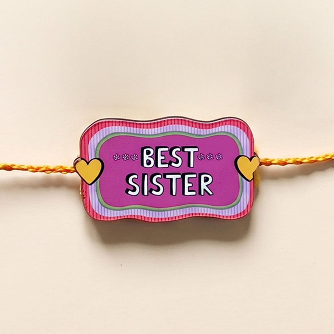 Glossy Printed Wooden 'Best Sister' Rakhi With Kumkum Rice For Sister