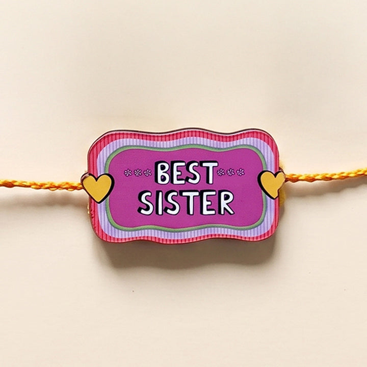 Glossy Printed Wooden 'Best Sister' Rakhi With Kumkum Rice For Sister