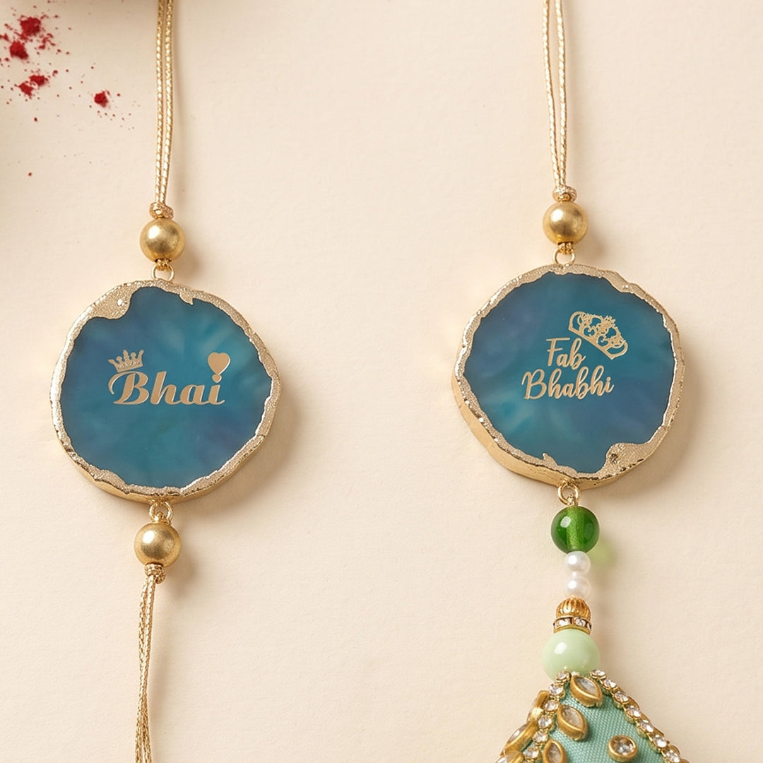 Handmade "Bhai Bhabhi" Green Premium Agate Couple Rakhi And Lumba Set With Roli Chawal, Nariyal And Gift Box | Set of 2
