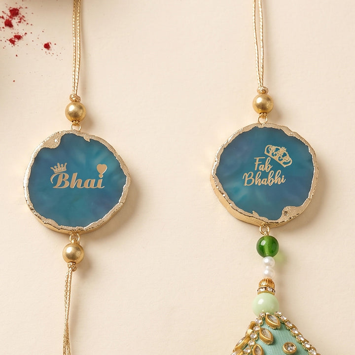 Handmade "Bhai Bhabhi" Green Premium Agate Couple Rakhi And Lumba Set With Roli Chawal, Nariyal And Gift Box | Set of 2