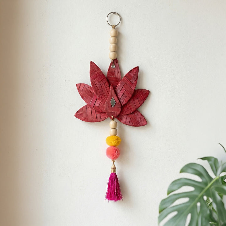 Set of 2 | "Padma" Handcrafted Bamboo Lotus Wall Hanging With Wooden Beads For Festive Decor