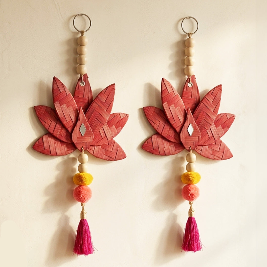 Set of 2 | "Padma" Handcrafted Bamboo Lotus Wall Hanging With Wooden Beads For Festive Decor