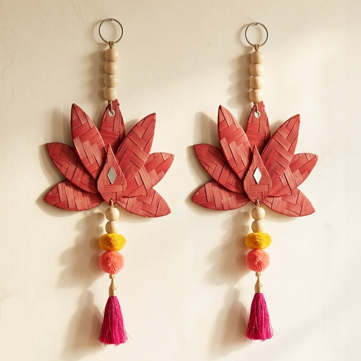 Set of 2 | "Padma" Handcrafted Bamboo Lotus Wall Hanging With Wooden Beads For Festive Decor