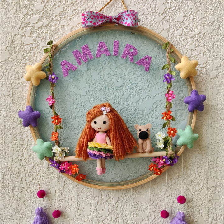 Personalized Girl & Puppy Theme Kids Name Plate With Tassels