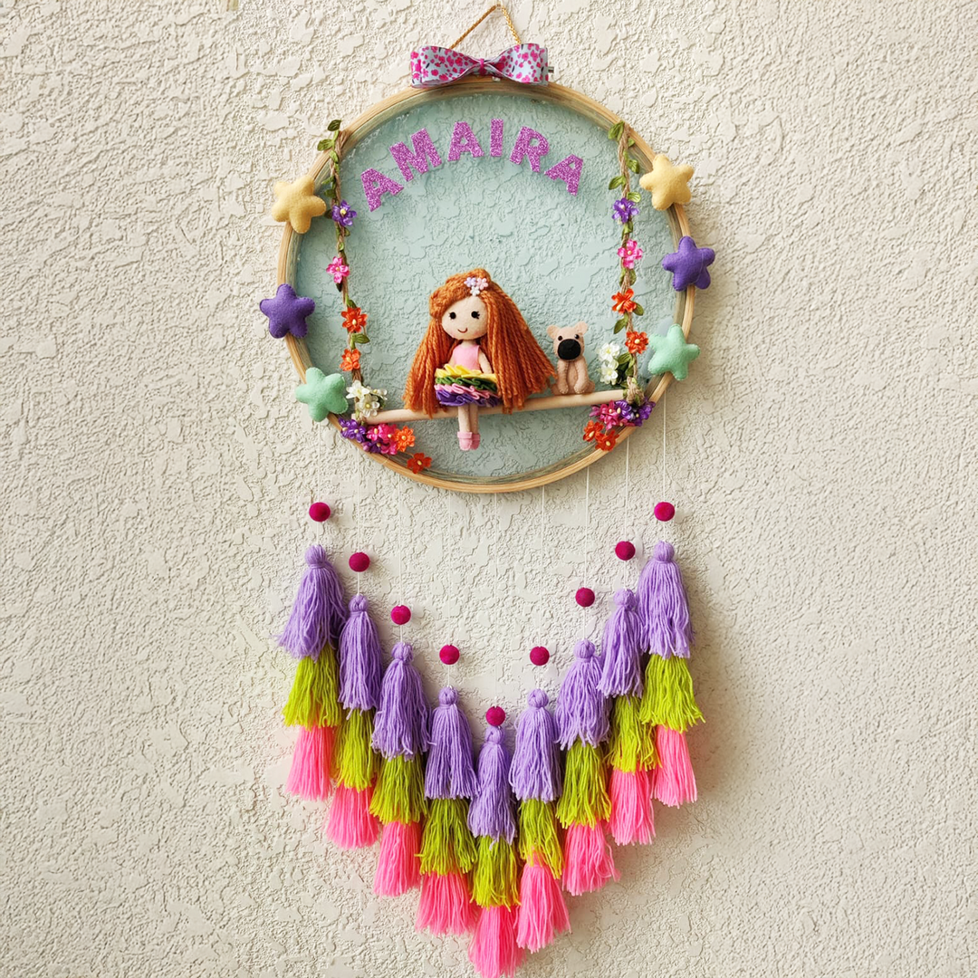 Personalized Girl & Puppy Theme Kids Name Plate With Tassels
