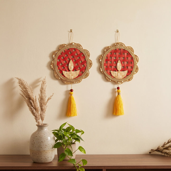Set of 2 | Deepak Handcrafted Bamboo Diya Wall Hanging For Festive Decor