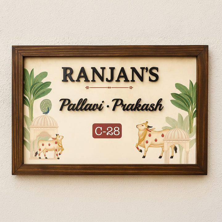 Personalized Pichwai Printed Wooden & Acrylic Name Plate with 3D Letters