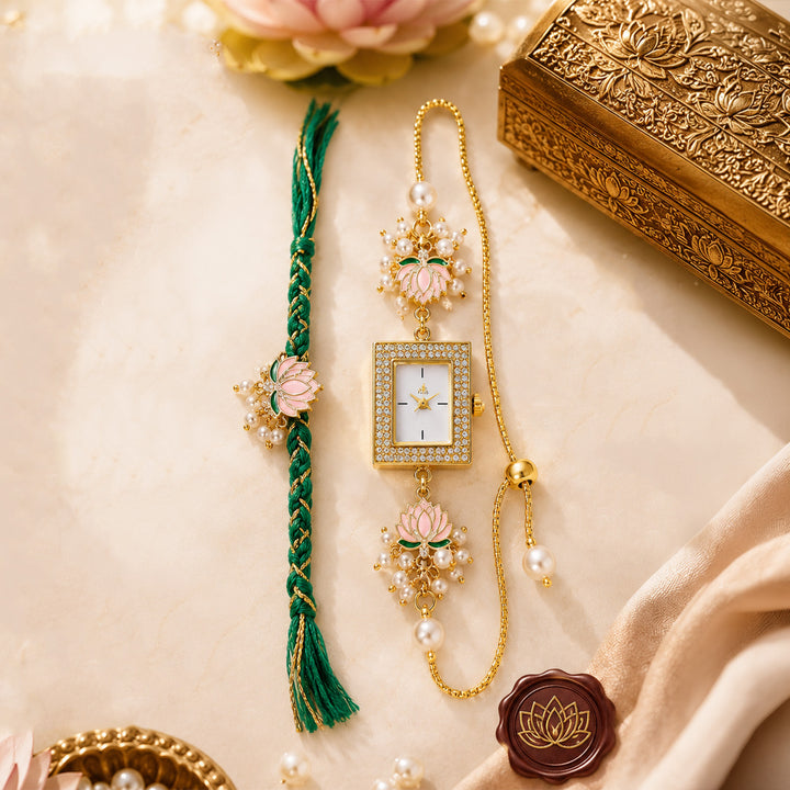 Handmade Kundan & Pearl Lotus Royale Rakhi & Bhabhi Watch Cuff Combo For Bhaiya Bhabhi | Set of 2