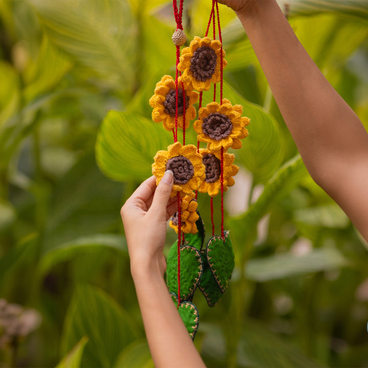 20 Inch | Set Of 2 Handmade Crochet Sunflower & Green Leaf Festive Door Side Hangings