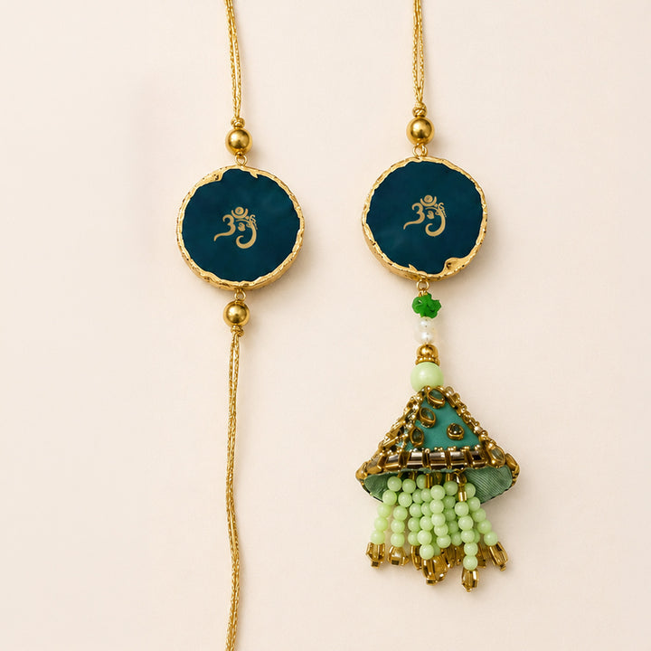 Handmade "Om" Green Premium Agate Bhaiya Bhabhi Couple Rakhi And Lumba Set With Roli Chawal, Nariyal And Gift Box | Set of 2