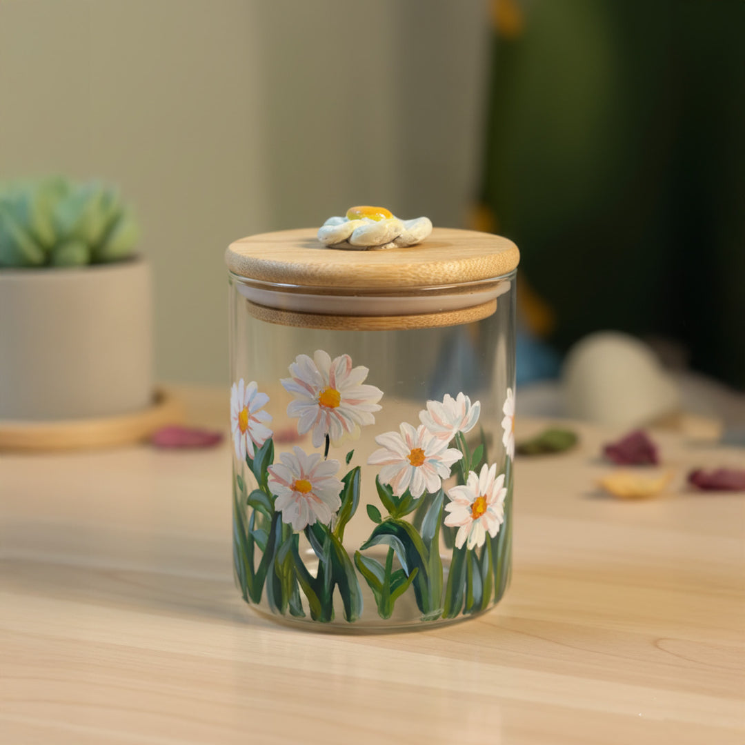 Hand-Painted Daisy Glass Storage Container