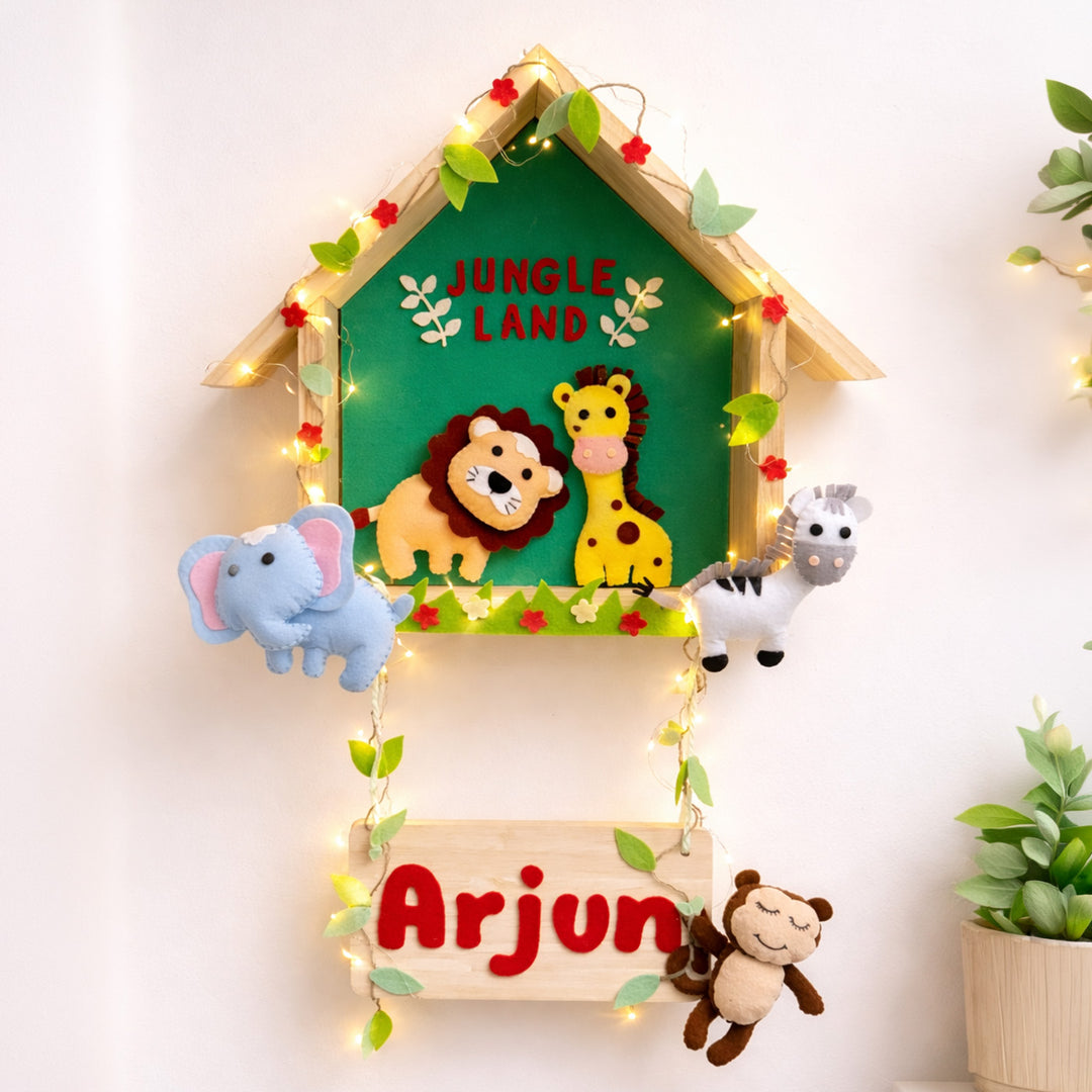Personalized Animal Safari Wooden Felt House Nameplate With Lights