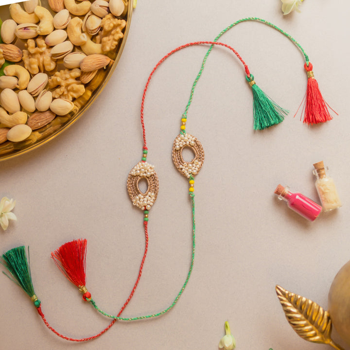 Intricate Beaded Crochet Moon and Shine Rakhi With Roli Chawal | Set of 2