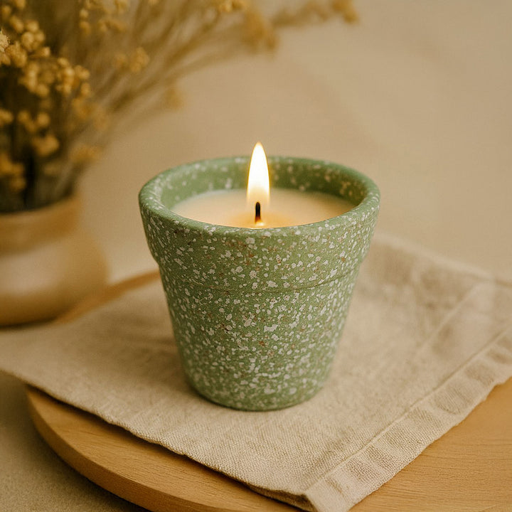 Hand-Painted Green Planter Terracotta Candle Holder With Candle