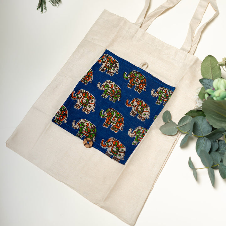 Handcrafted Foldable Cotton Ikat Blue Elephant Tote Bag