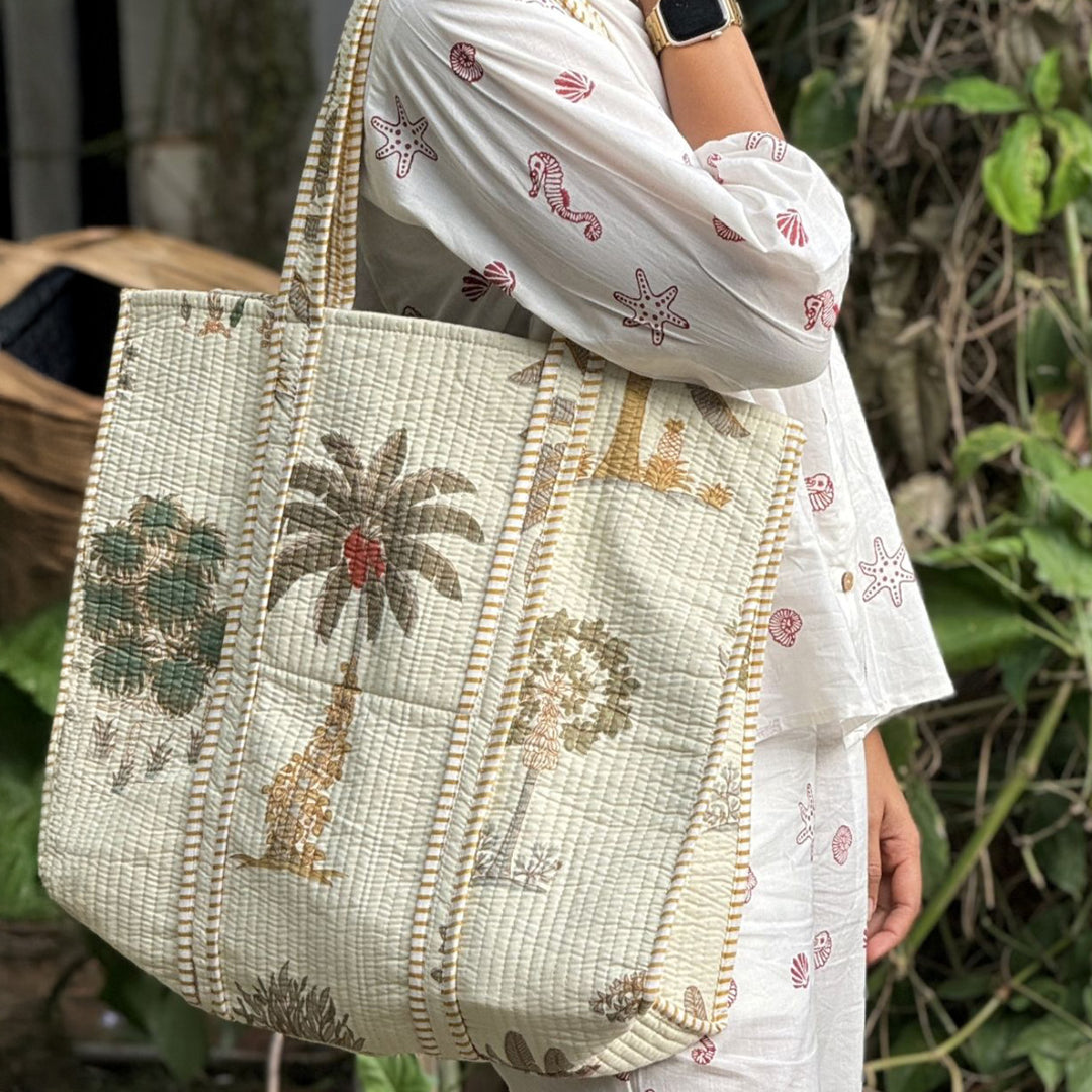 Handmade Cream Palm Cotton Tote Bag