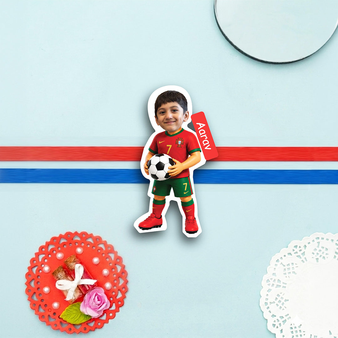 Photo Personalized Handmade Reusable Caricature Football Mdf Wood Kids Rakhi With Roli Chawal