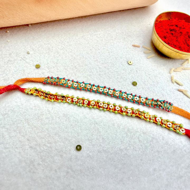 2 Pc | Hand Embroidered Blanket Stitch Rakhis With Roli Chawal For Brother