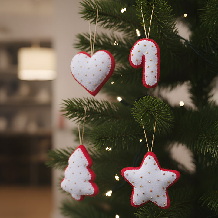 4 Pc | Handmade Red & White Star, Heart, Tree & Candy Felt Ornaments For Christmas Decoration