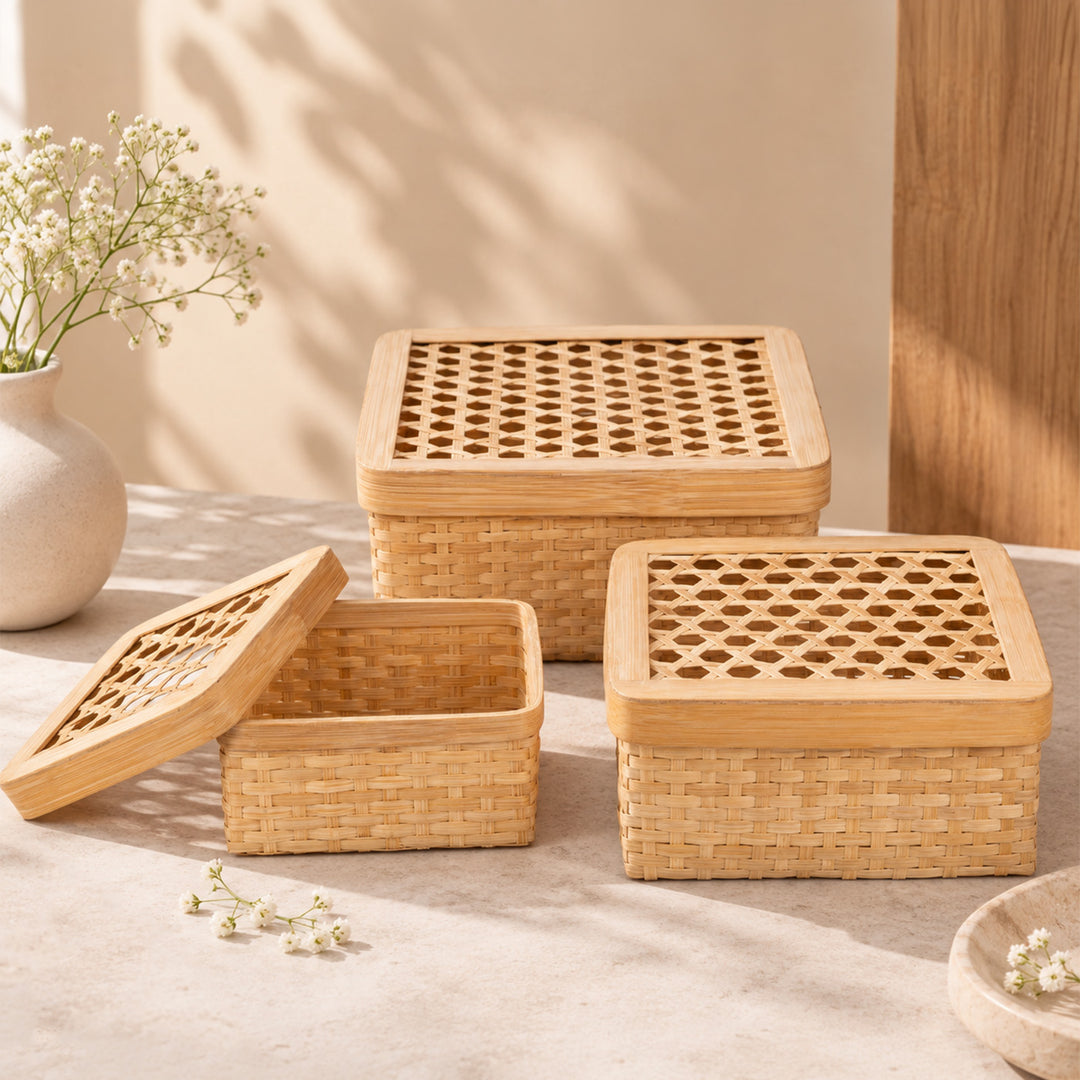 Set Of 3 "Mira" Handcrafted Hexagonal Weave Bamboo Square Gift Box For Storage And Gifting