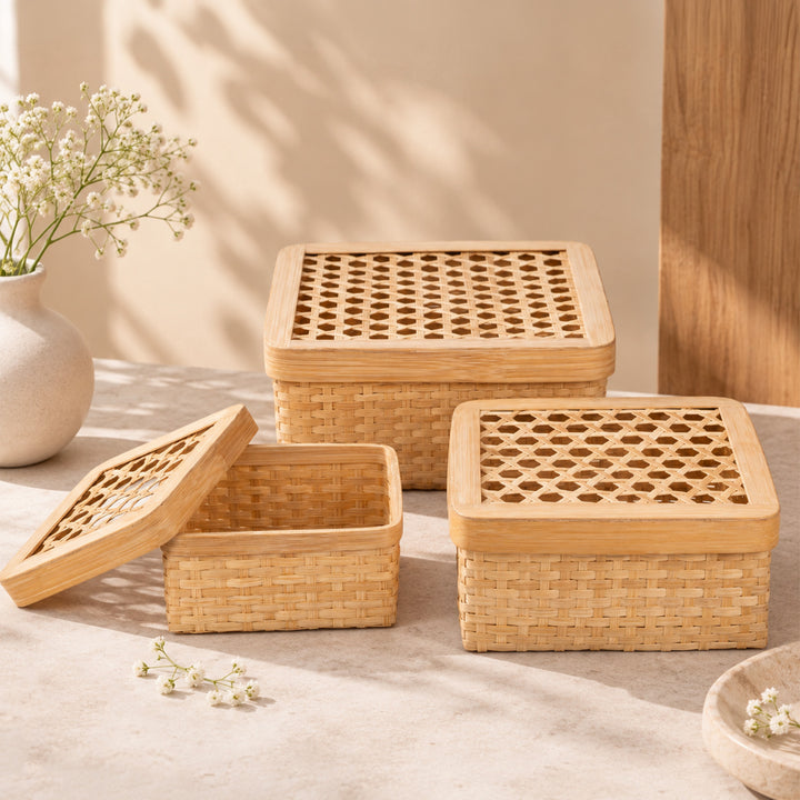 Set Of 3 "Mira" Handcrafted Hexagonal Weave Bamboo Square Gift Box For Storage And Gifting