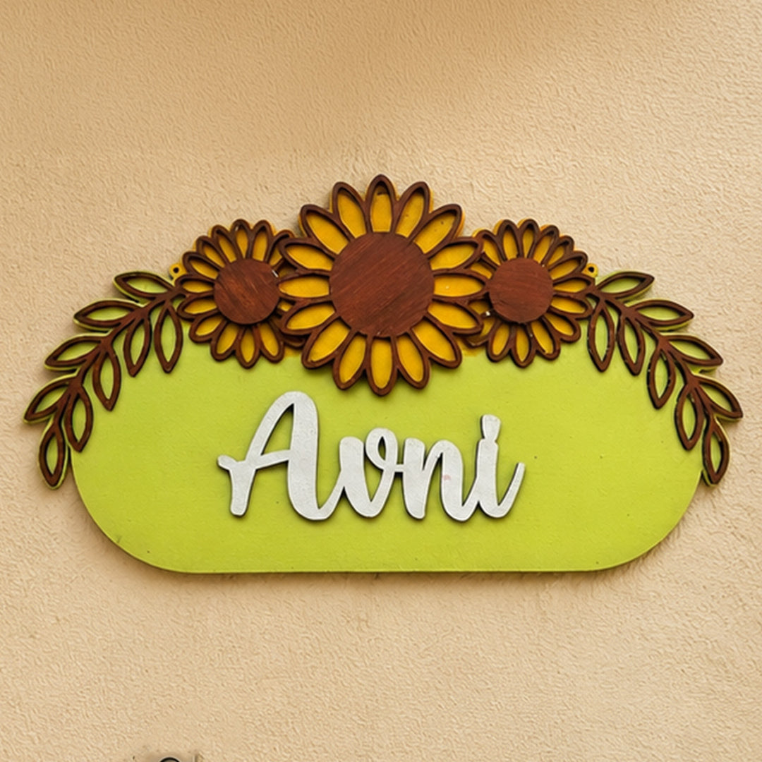 Personalised Sunflower Wooden Name Plate | 12 inch