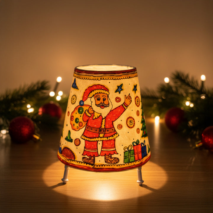 Multicolor Christmas Motifs Hand Painted Tholu Bommalata Tabletop Lamp | 6 inches