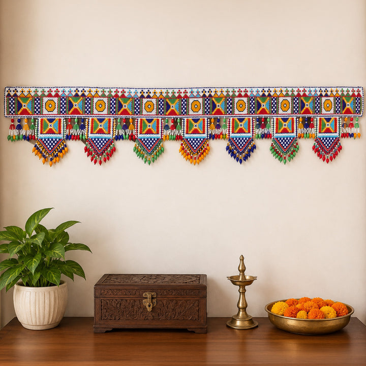 Intricate Moti Beadwork Multicolour Fabric Toran For Festive Decor