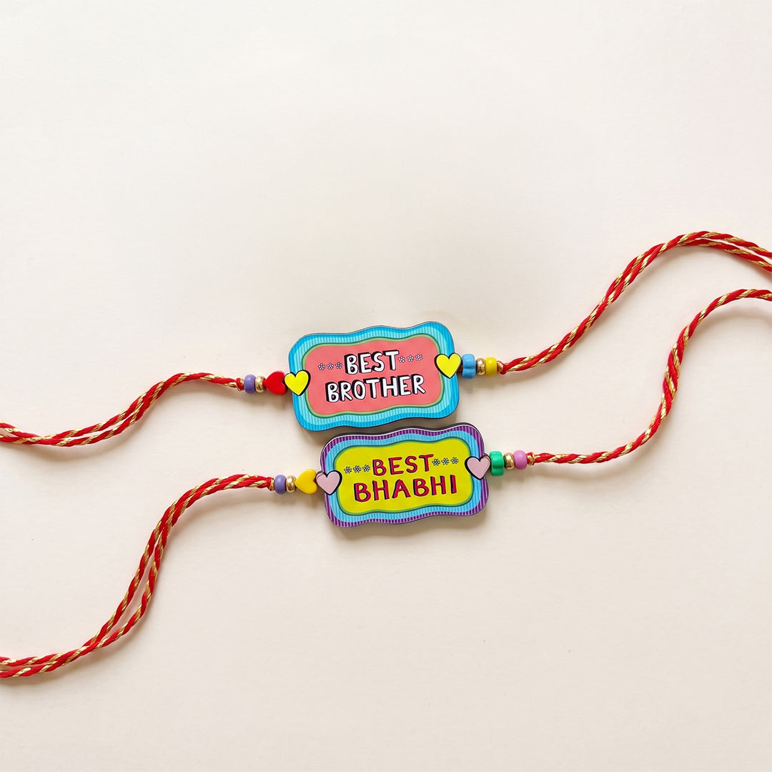 Glossy Printed Wooden Rakhi Combo With Kumkum Rice For Bhaiya Bhabhi | Set of 2