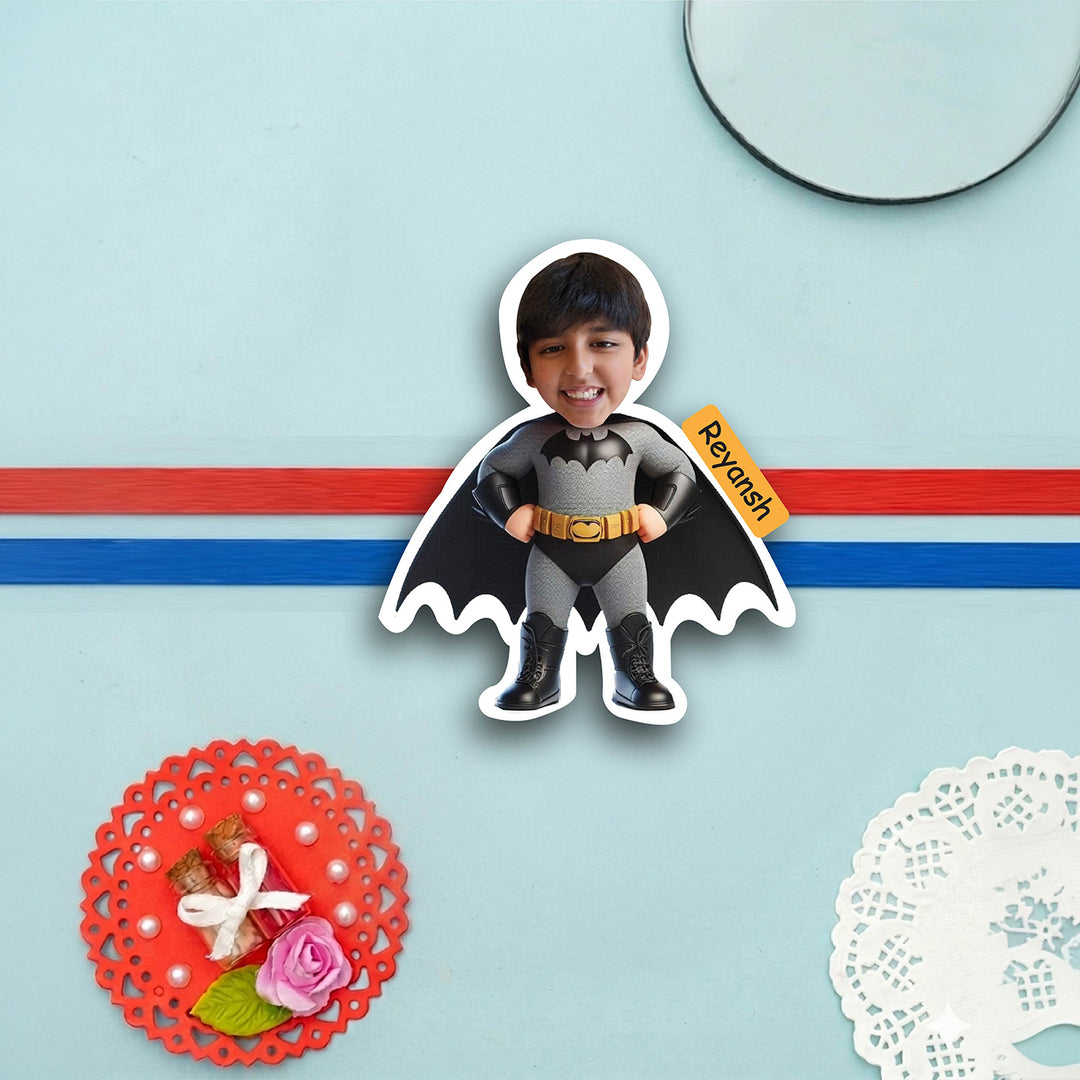 Photo Personalized Batman Caricature MDF Wood Kids Rakhi With Roli Chawal