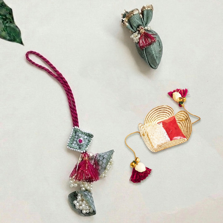 Handcrafted Pearl, Tassel & Thread Work Cheed Light Lumba Rakhi for Bhabhi - Mint Green