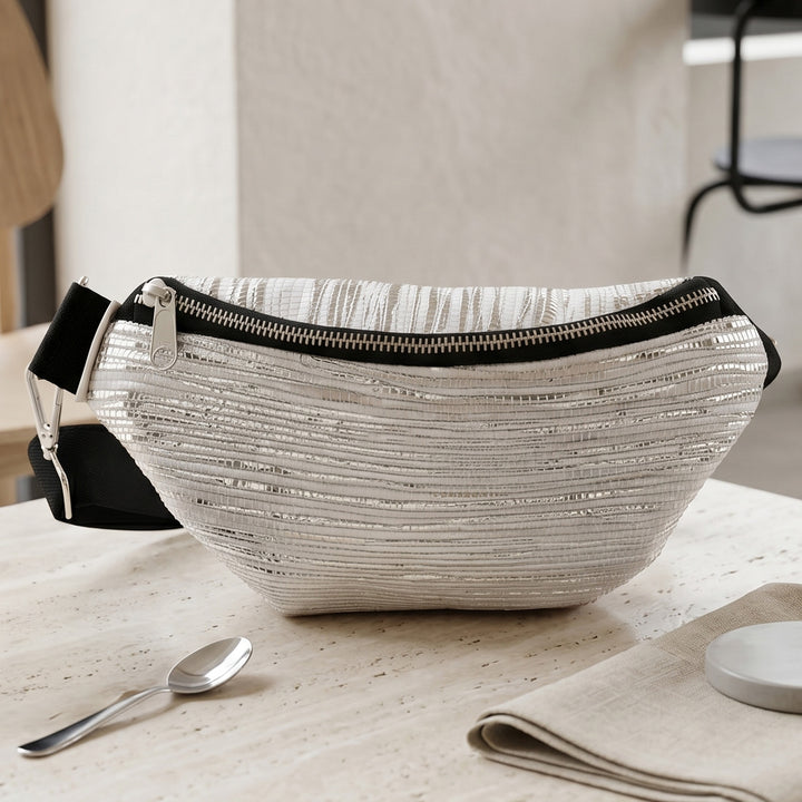 Silver and White Upcycled Handcrafted Lightweight Plastic Fanny Pack Crossbody Bag