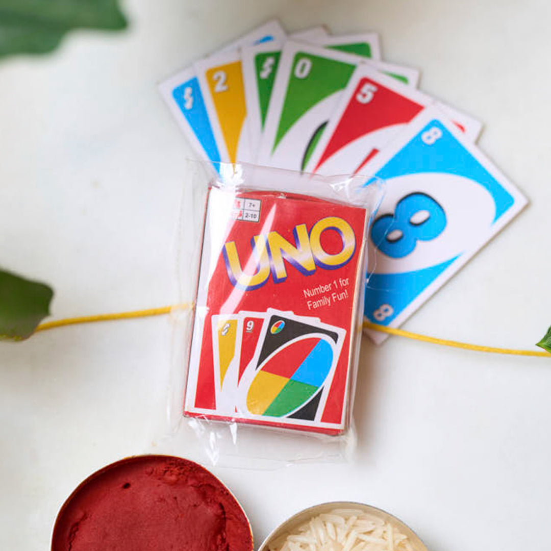 Mini UNO Playing Cards Rakhi With Roli Chawal For Brother