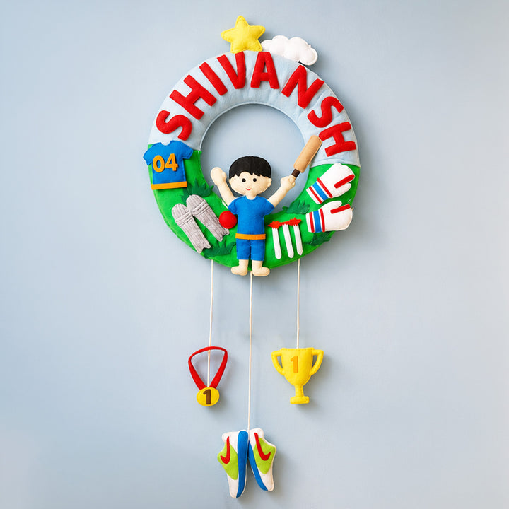 Personalised Cricket Star Kids Felt Name Plate