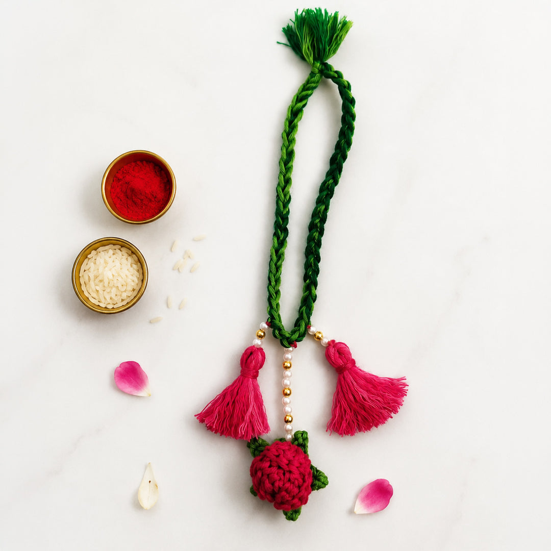 Handmade Crochet Rose Couple Rakhi Lumba Set With Roli Chawal for Bhaiya Bhabhi | Set Of 2