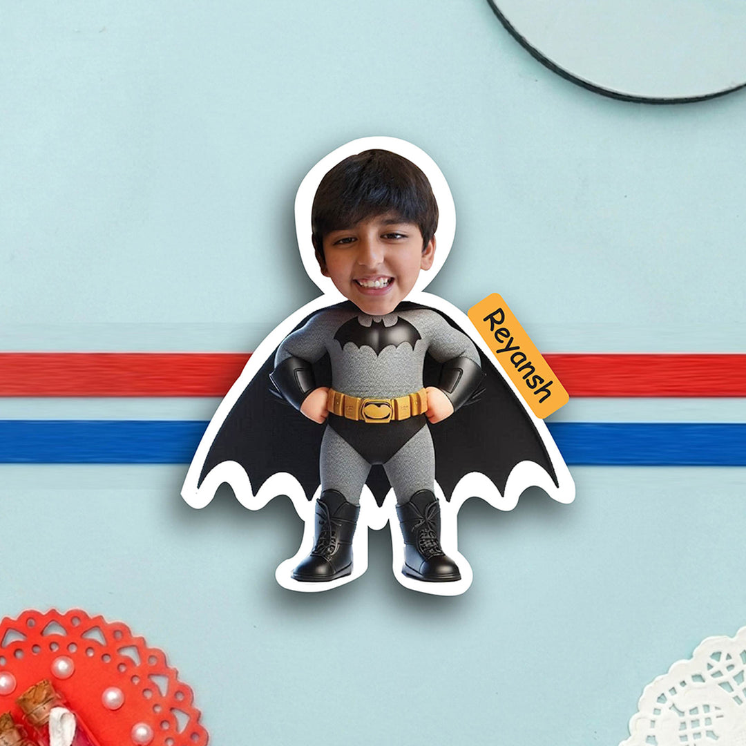 Photo Personalized Batman Caricature MDF Wood Kids Rakhi With Roli Chawal