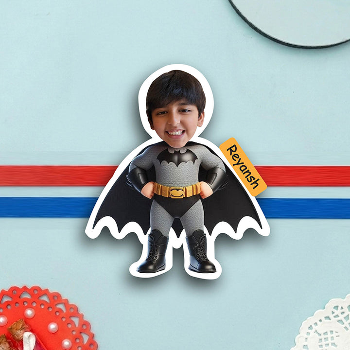 Photo Personalized Batman Caricature MDF Wood Kids Rakhi With Roli Chawal